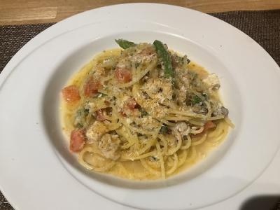 白身魚と青菜のスパゲッティ